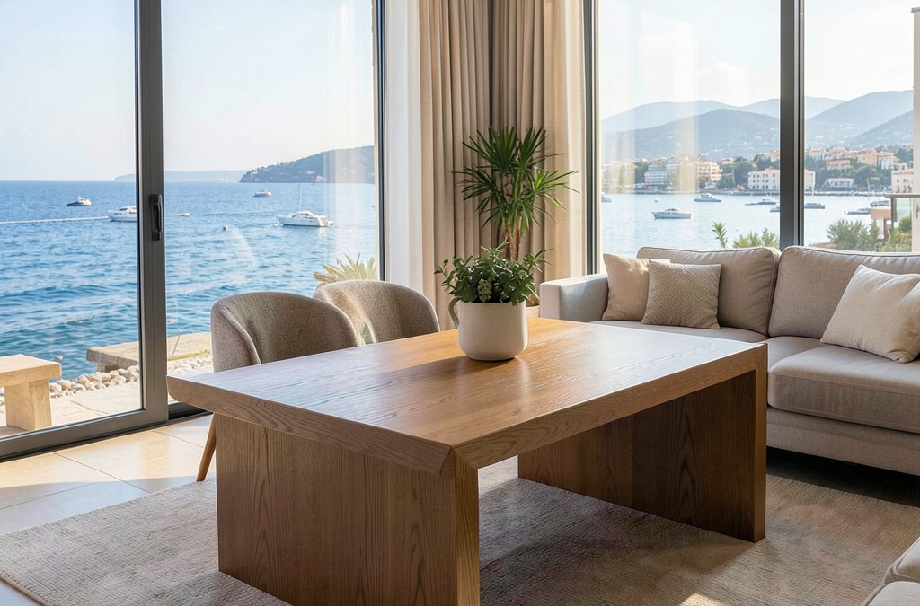 Muebles de madera protegidos contra la humedad costera en un hogar mediterráneo